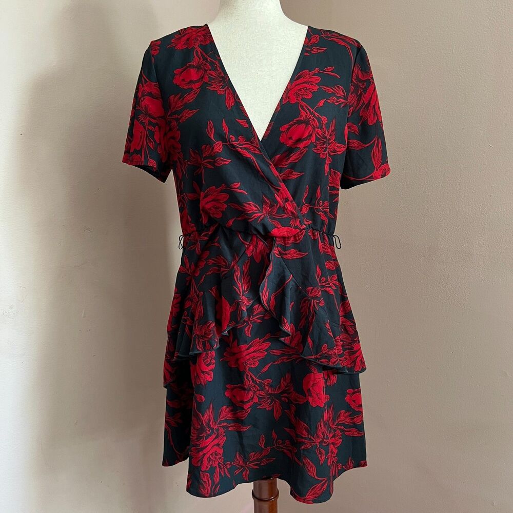 Whimsygoth Floral Mini Dress Huguest Navy Red Floral Ruffle Dark Romantic Size L